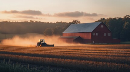 Obraz premium Tractor Working in Field at Sunset