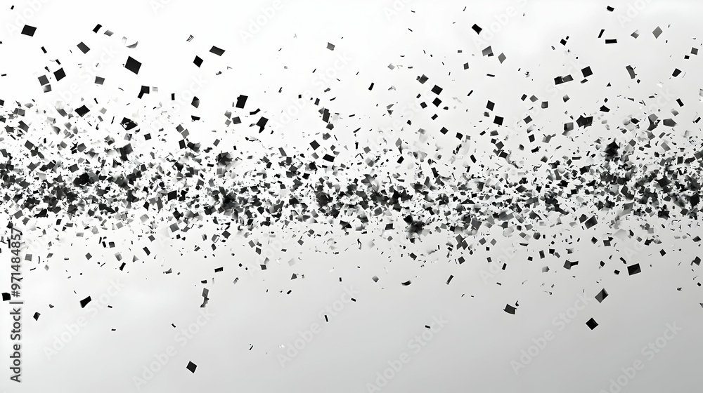 Poster a dynamic scattering of abstract shapes creating a sense of movement and fragmentation.