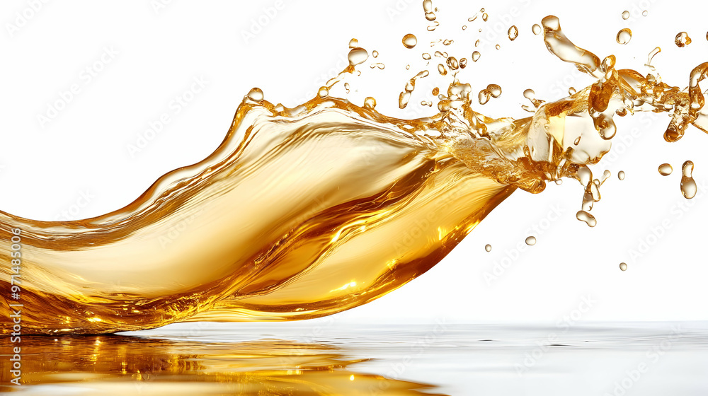 Poster a dynamic splash of amber liquid creating artistic waves and droplets.