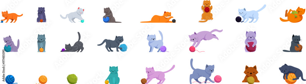 Poster cat playing yarn ball icons set. collection of twenty three illustrations representing cats playing 