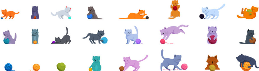 Cat playing yarn ball icons set. Collection of twenty three illustrations representing cats playing with balls of wool in different positions