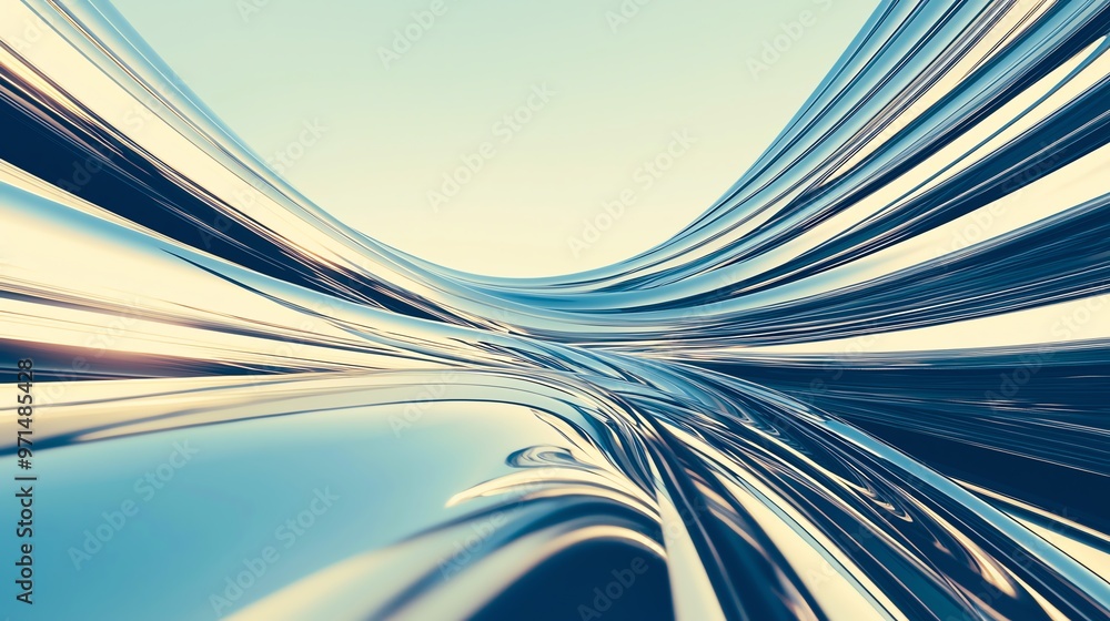 Poster a captivating abstract design featuring flowing metallic waves under a soft gradient sky, perfect fo