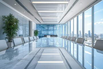 an empty conference room with a long table and chairs