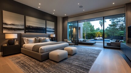 Naklejka premium Modern Bedroom with Large Windows and Outdoor Pool View