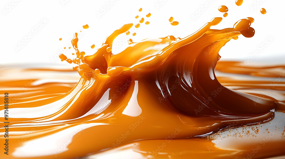 Poster a dynamic splash of caramel-colored liquid, capturing motion and texture.