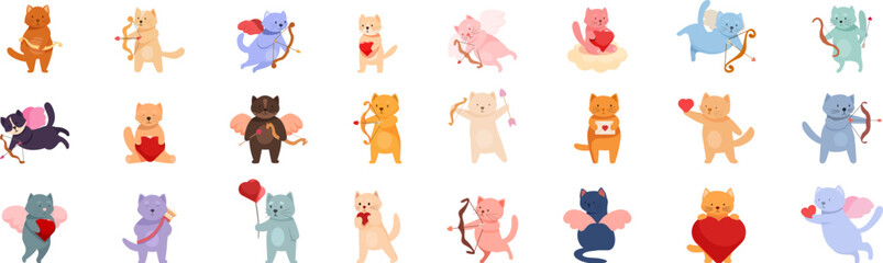 Cupid cat icons set. Set of adorable cartoon kittens with angel wings holding bows and arrows, love letters and heart shaped balloons for valentine day greeting cards