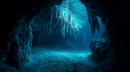 Enchanting glowing underwater cavern with crystalline walls and bioluminescent light, vibrant colors, and surreal atmosphere