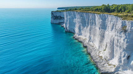 Striking white limestone coastal cliffs with symmetrical curve, deep blue ocean, and clean lines captured from a high drone shot