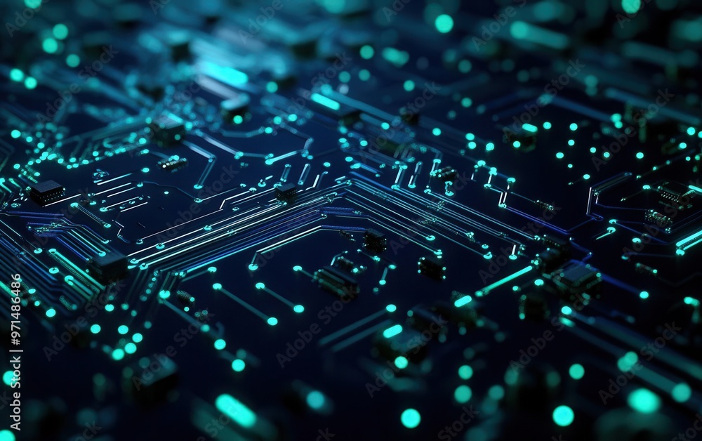 Poster abstract 3d illustration of a blue and green pcb background with glowing circuits and complex electr
