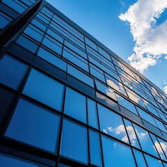 The closeup of a contemporary building exterior with large glass windows and sleek metal framing, reflecting the sky and surrounding urban environment