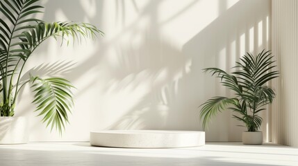 Abstract 3D room, white cylinder podium, palm leaf shadows, modern and elegant product showcase