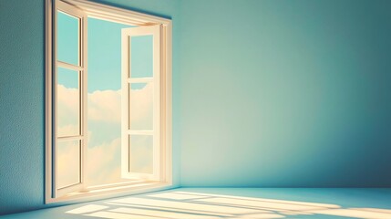 Fototapeta premium A serene interior with an open window letting in soft light and a view of clouds, creating a peaceful atmosphere.