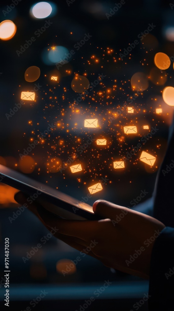 Poster office employee using an ipad with floating email icons on the screen