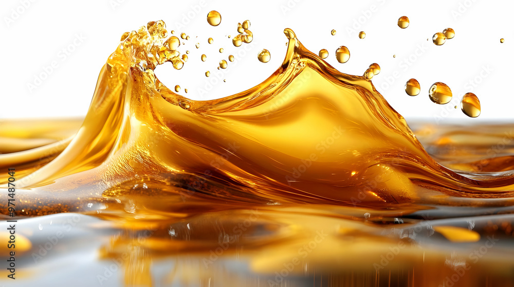 Poster a dynamic splash of golden liquid creating waves and droplets.