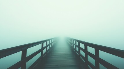 A serene wooden pier leads into a foggy distance, creating a tranquil atmosphere that inspires reflection and calm.