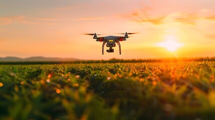 Drone Monitoring Crop Health Over Scenic Agricultural Fields at Sunset