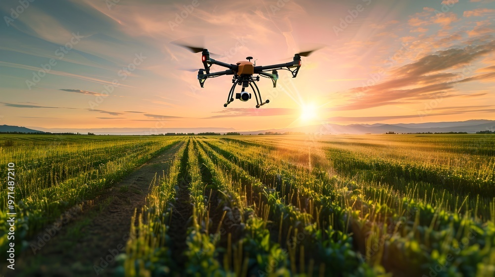 Poster drone monitoring crop health with advanced sensors showcasing precision agriculture and smart farmin