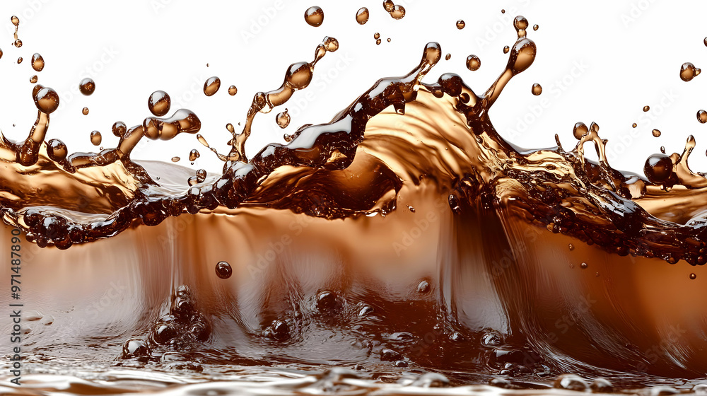 Poster a dynamic splash of liquid resembling chocolate, highlighting fluid motion and texture.
