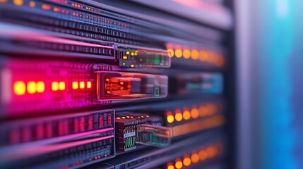 Obraz premium Close up of a server rack with blinking lights, showing data transfer in progress.