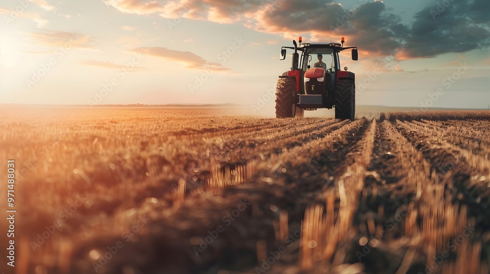 Poster autonomous tractor plowing field showcasing future of smart farming with and robotics