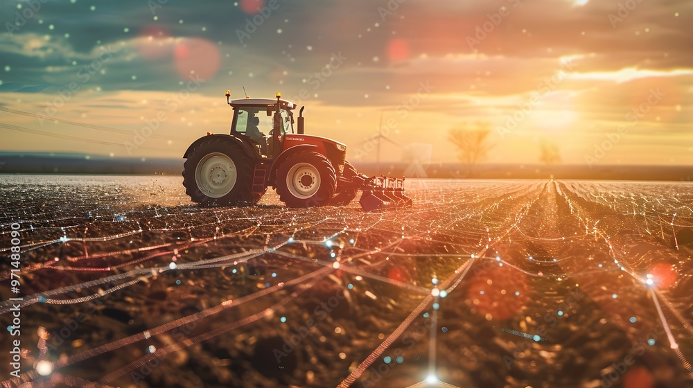 Aufkleber autonomous tractor plowing field at sunset showcasing the future of smart farming with and robotics