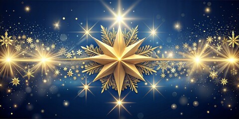 Golden Christmas star and sparkling lights on a dark blue background