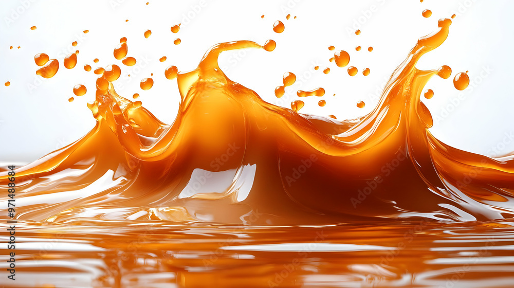Poster a dynamic splash of orange liquid resembling waves, highlighting fluid motion and texture.