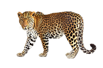 Fototapeta premium Stunning leopard with a rich golden coat and piercing eyes isolated on transparent background