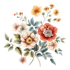 classic watercolor flowers, vintage floral arrangement, soft hues, hd quality, isolated on white