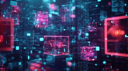 Obraz premium Abstract digital background with glowing cubes and data streams, representing technology, innovation, and the future of digital spaces.
