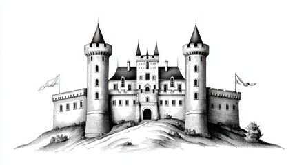 Fototapeta premium A detailed illustration of a medieval castle with towers, flags, and a hillside setting, evoking a sense of history and grandeur.