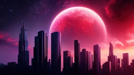 A futuristic city skyline illuminated by a vibrant pink moon, showcasing modern architecture against a cosmic backdrop.