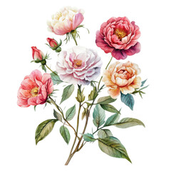 classic watercolor flowers, vintage floral arrangement, soft hues, hd quality, isolated on white