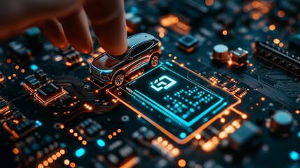 Obraz premium a hand holding a microchip with the car symbol, placing it onto a circuit board. On the circuit board, a sleek SUV 