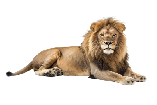 Elegant lion sitting gracefully with a calm expression and detailed fur isolated on transparent background