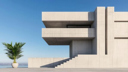 Fototapeta premium Modern concrete building with minimalist design and palm tree against a clear blue sky, showcasing contemporary architecture.