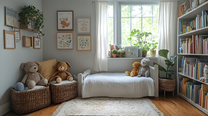 Cozy bedroom with a daybed, stuffed animals, bookshelves, and a window with natural light.