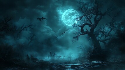 Dramatic, mist-shrouded night with a bright full moon, casting an ominous glow on twisted trees and a rough wooden surface, with dark bats flying in the moonlit sky