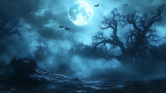 Dramatic, mist-shrouded night with a bright full moon, casting an ominous glow on twisted trees and a rough wooden surface, with dark bats flying in the moonlit sky