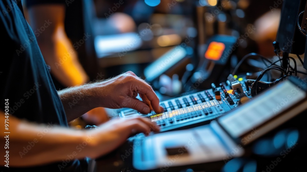 Poster sound engineer mixing audio on a console