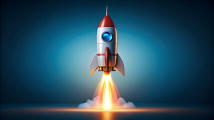 Colorful cartoon rocket blasting off into a starry sky.