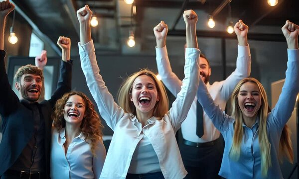 happy business people celebrating success at office