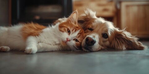 A Happy cat ad dog playing together inside a home looking at the camera.