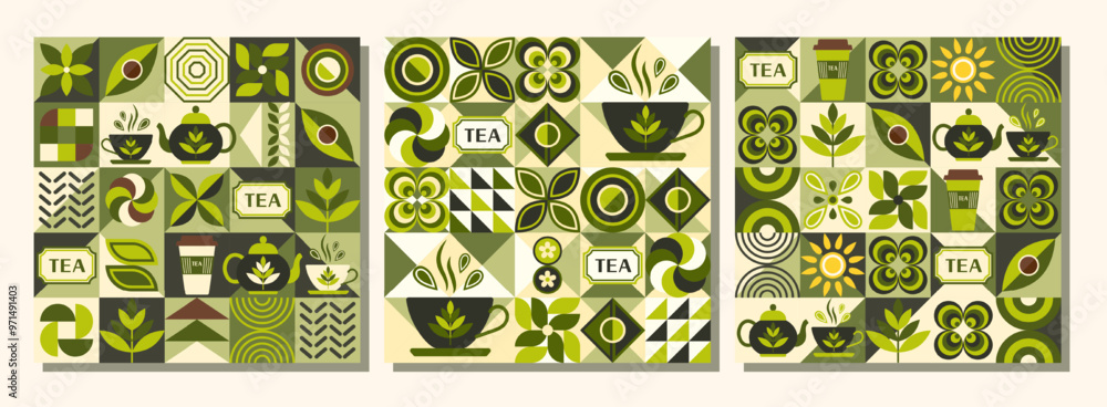 Poster patterns with icons for green tea, design elements in simple geometric style. seamless background wi