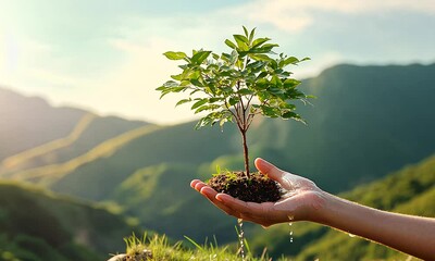 young female holding plant in hands on background of green trees, ecology and environment concept