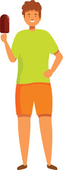 Fototapeta premium Cheerful young man is standing and holding a chocolate ice cream bar on a hot summer day