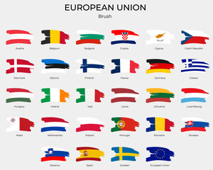 European union flags with brush paint textured. EU flags, grunge icons.