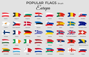 40 brush flags of European countries. European flags with brush paint textured. Grunge flat icons. © Hanna ArtLab