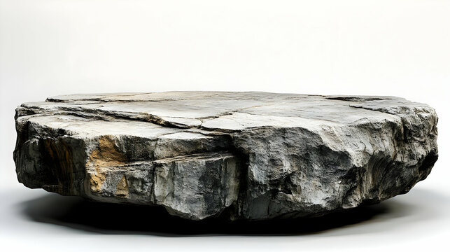 A flat, round stone slab with textured surfaces, resembling a natural table or display piece.