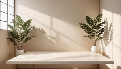 .table on warm beige wall background with sun rays and plant, empty concept mockup for your idea, ai generated, ai